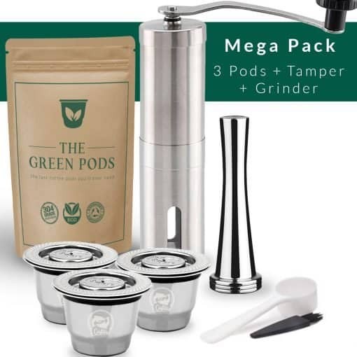Barista bundle containing 3 reusable nespresso pods, tamper, and coffee grinder