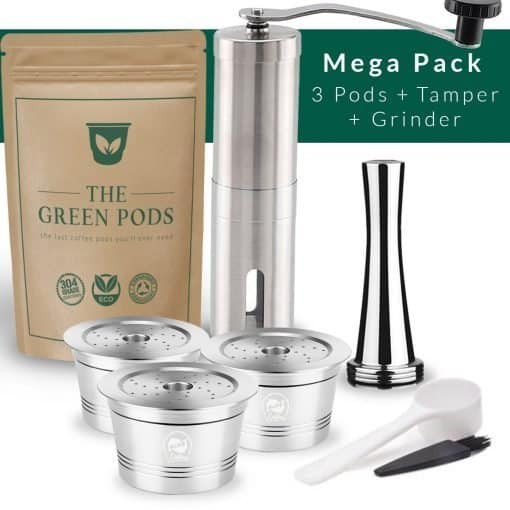 Barista bundle containing 3 reusable caffitaly pods, tamper, and coffee grinder